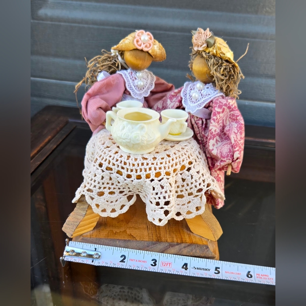 Vintage Style Handmade Wooden Dolls Tea Table Cottage Decor Mini Tea Set Scene